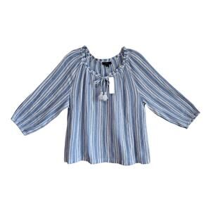 J CREW Women M Peasant Blouse Blue White Vertical Striped Tassel Tie 40" NEW